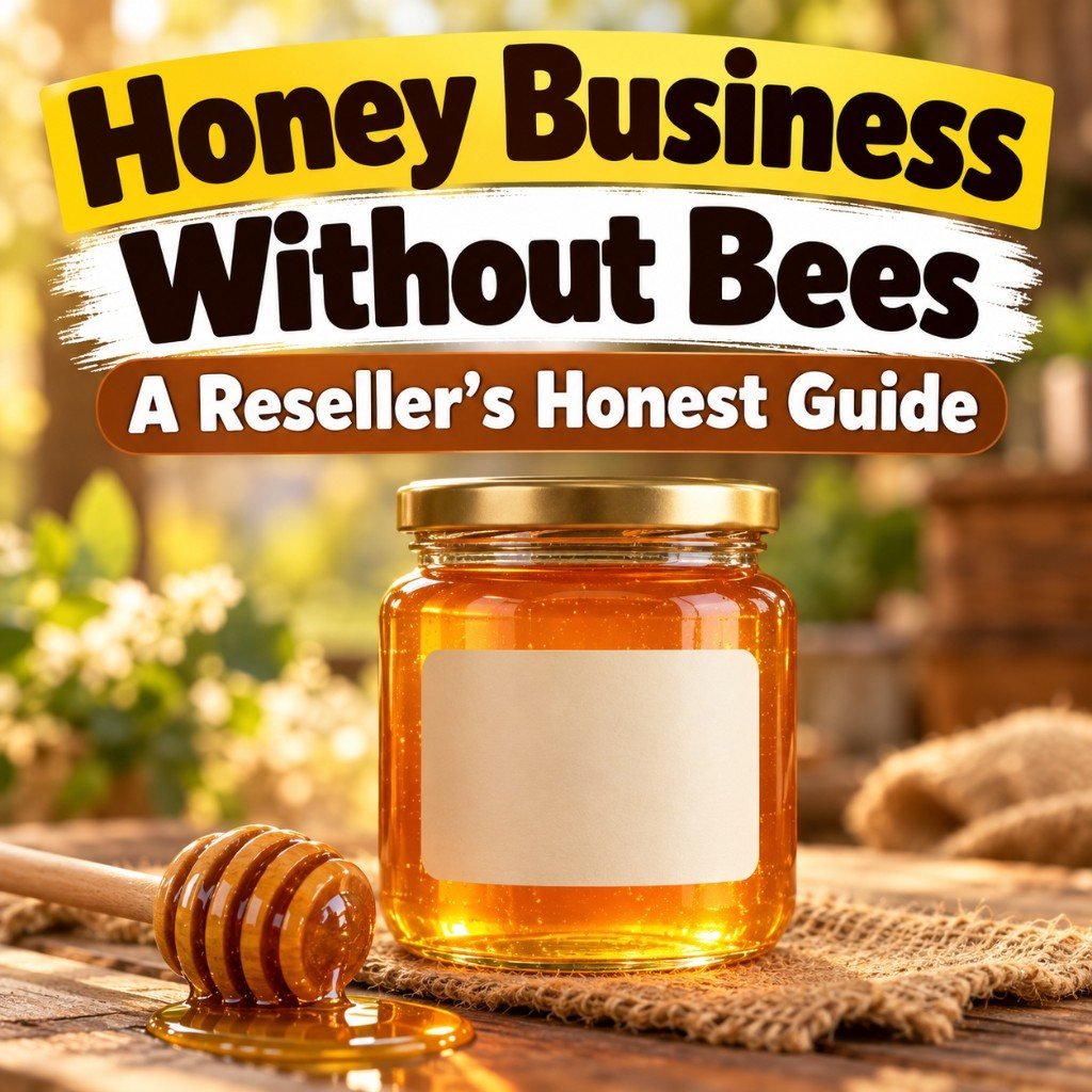 Honey business without bees: a jar of honey with a blank label and a dipper