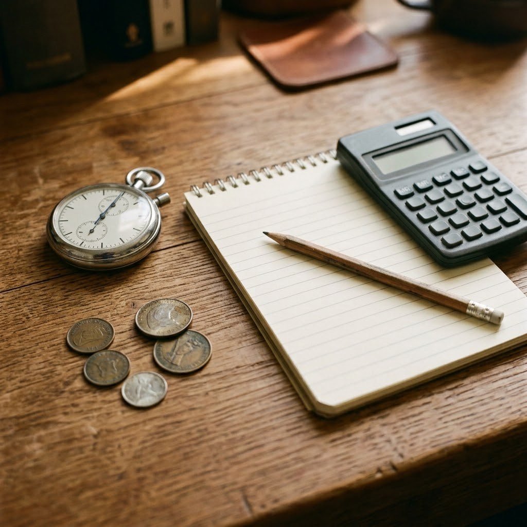 Stopwatch, calculator and notepad for timing and pricing a resume writing service