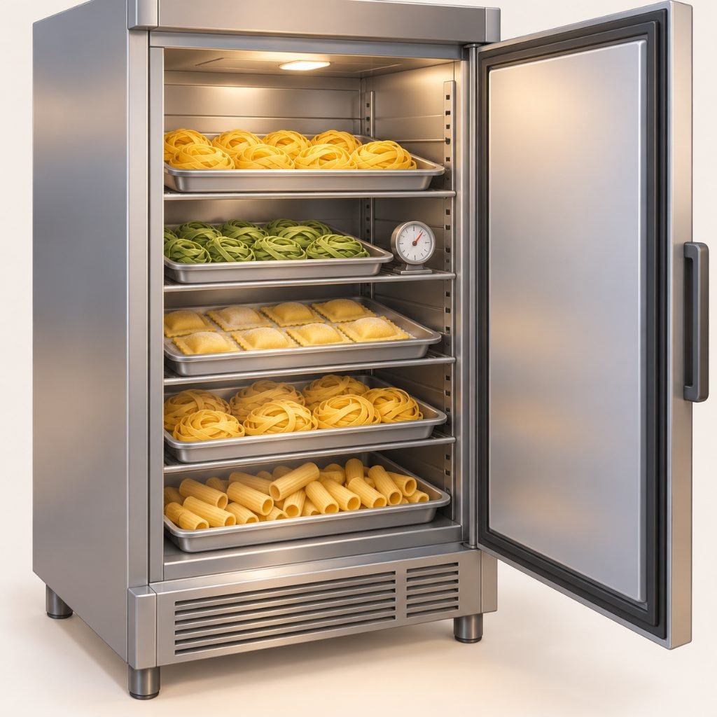 3D refrigerator with fresh pasta trays and a thermometer in a fresh pasta business