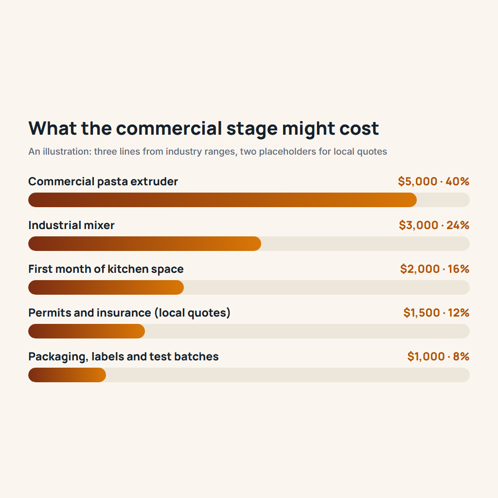 Illustrative commercial-stage budget split for a small fresh pasta business