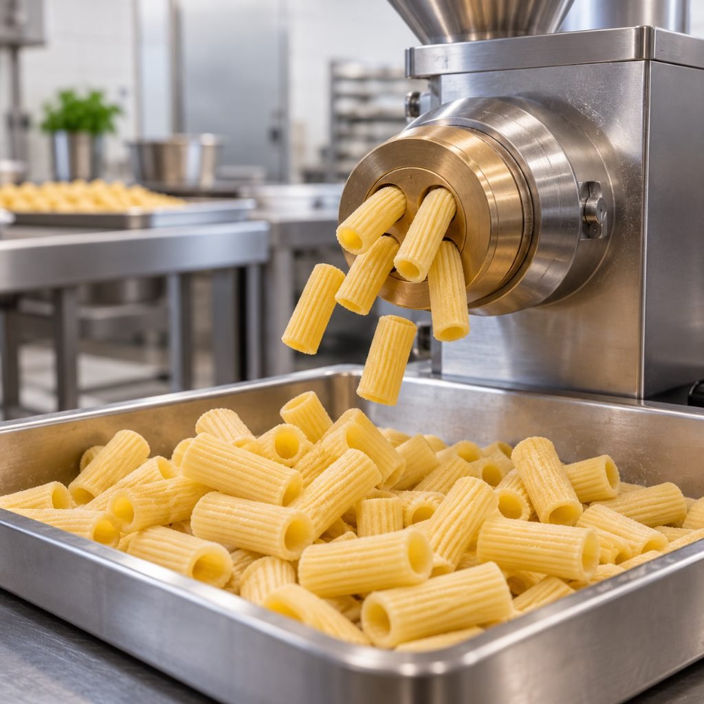 Commercial extruder making rigatoni in a fresh pasta business kitchen
