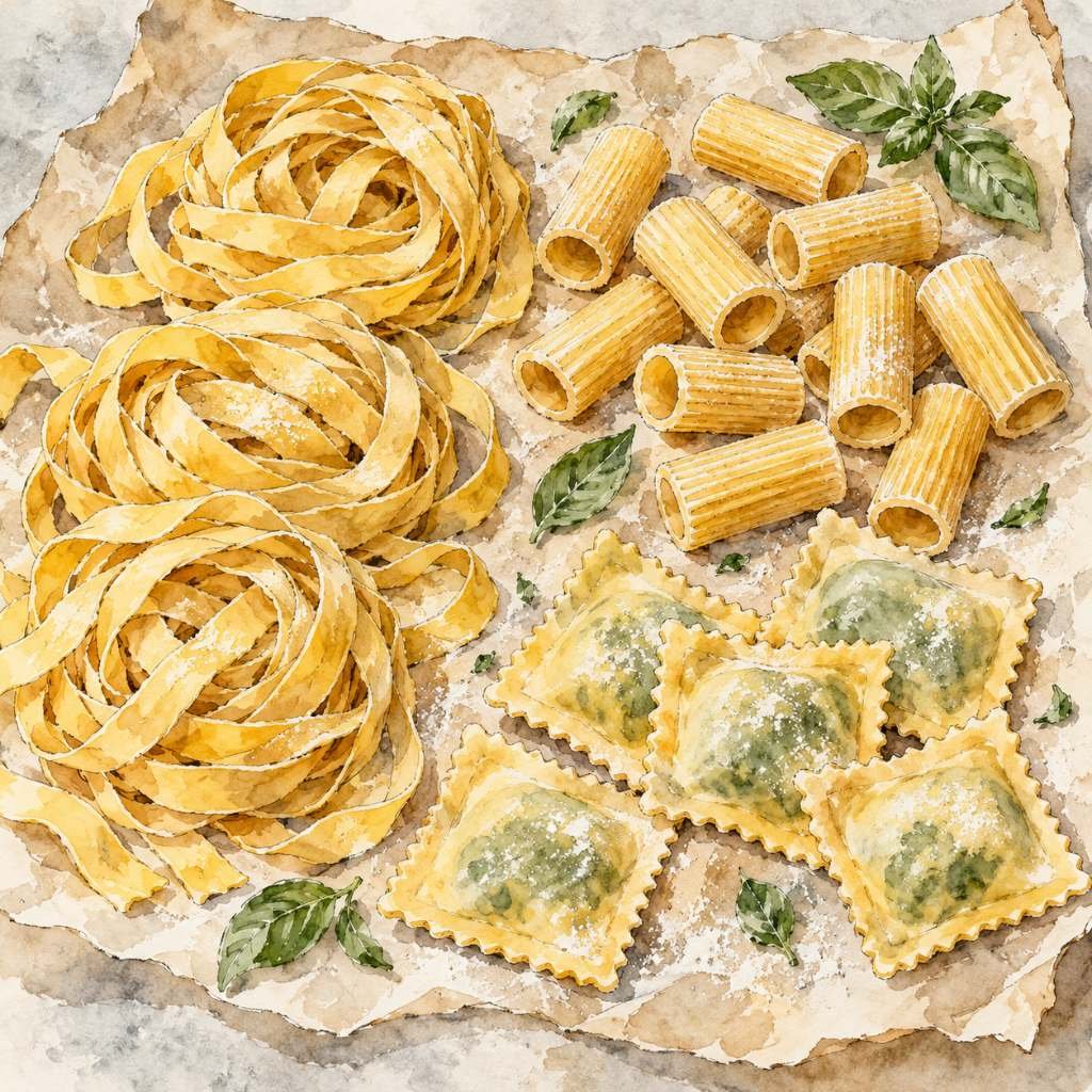 Watercolour of the first pasta shapes for a fresh pasta business