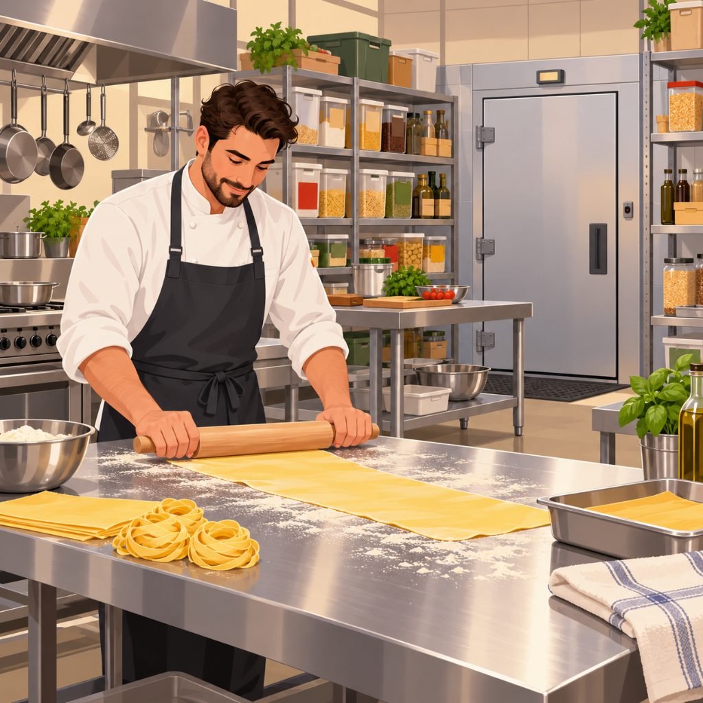 Illustration of a shared commercial kitchen used by a fresh pasta business