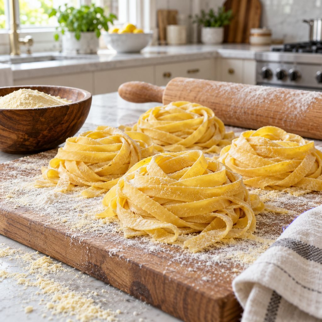 Fresh tagliatelle nests on a floured board for a fresh pasta business