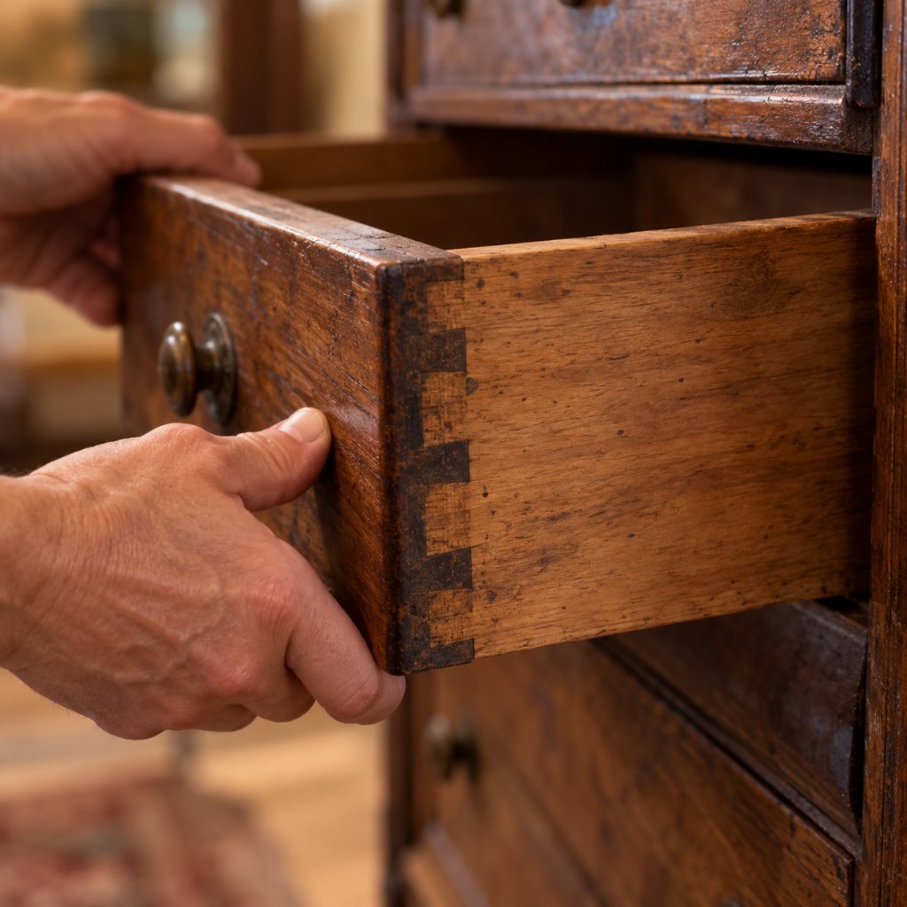 Hands pulling out a drawer to check dovetail joints for a furniture flipping business