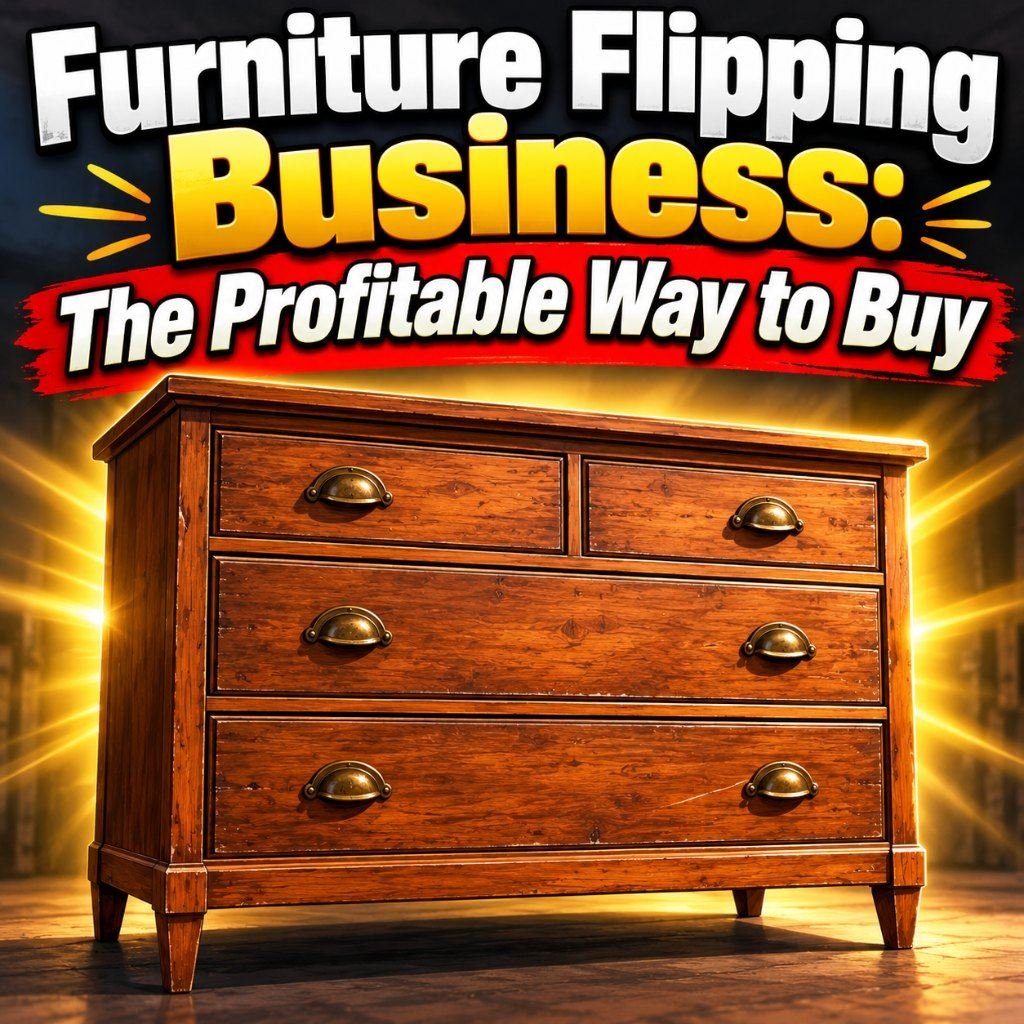 Solid wooden dresser under the title of a furniture flipping business guide