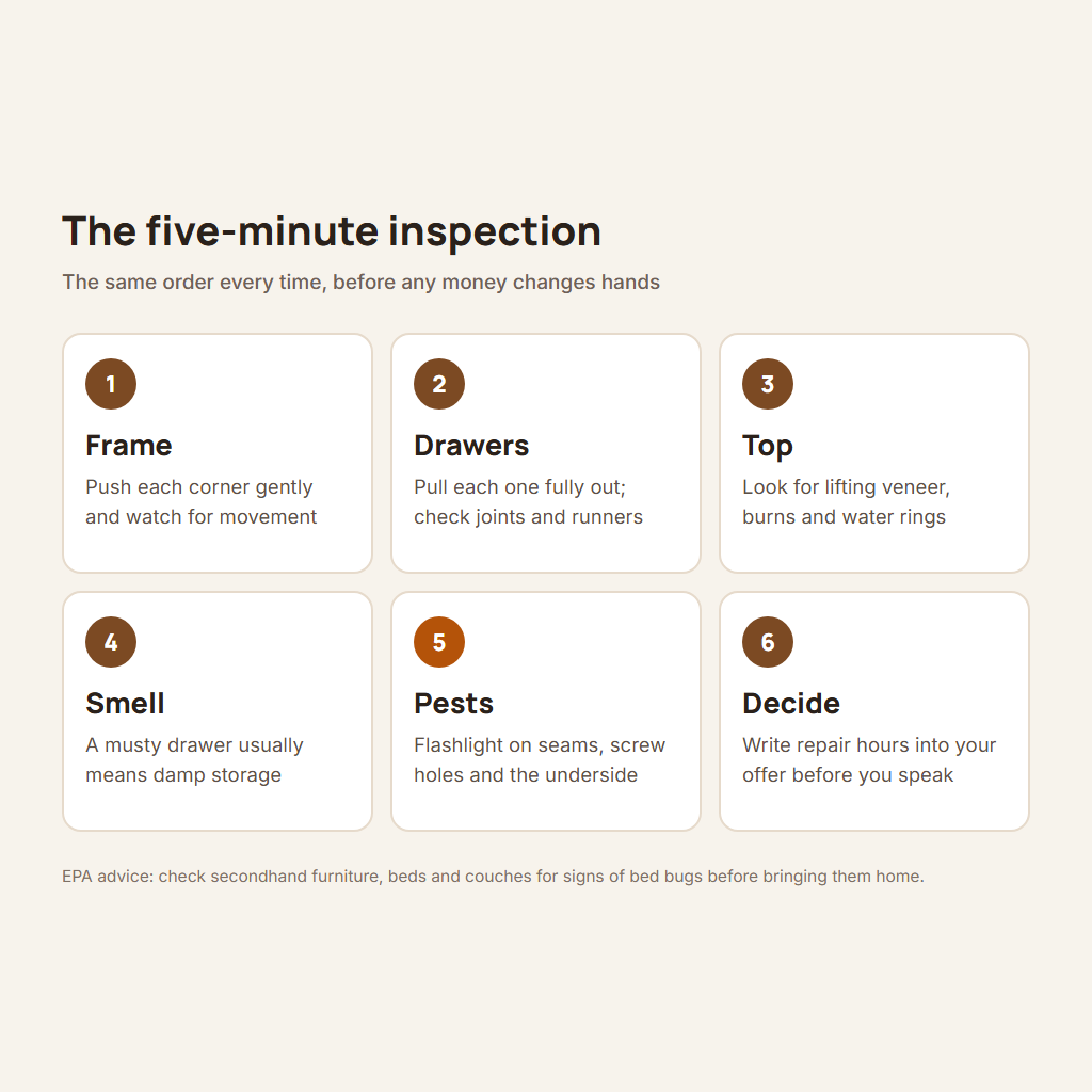 Five-minute inspection steps for a furniture flipping business