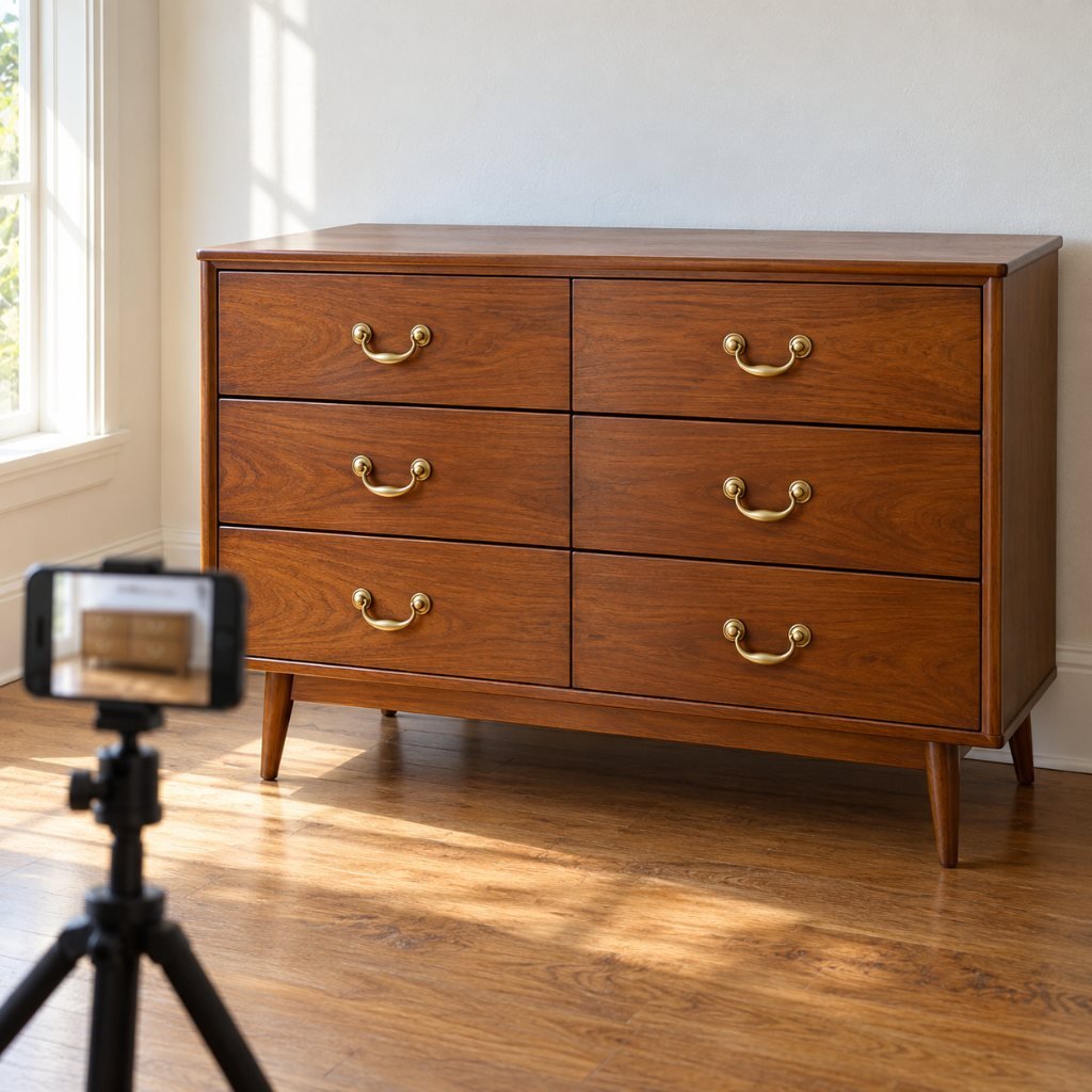 Refreshed dresser photographed in daylight against a plain wall for a furniture flipping business listing