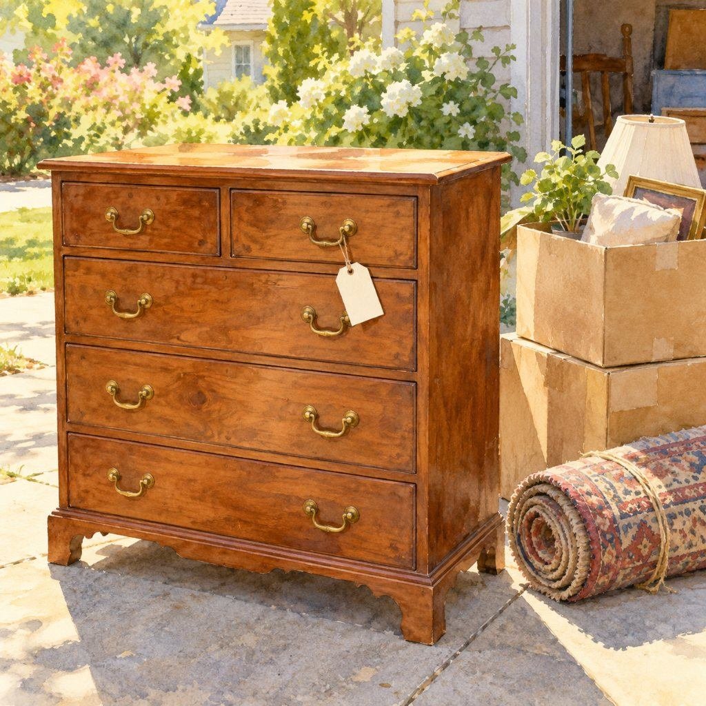 Solid wooden dresser at a moving sale, the kind of piece a furniture flipping business buys