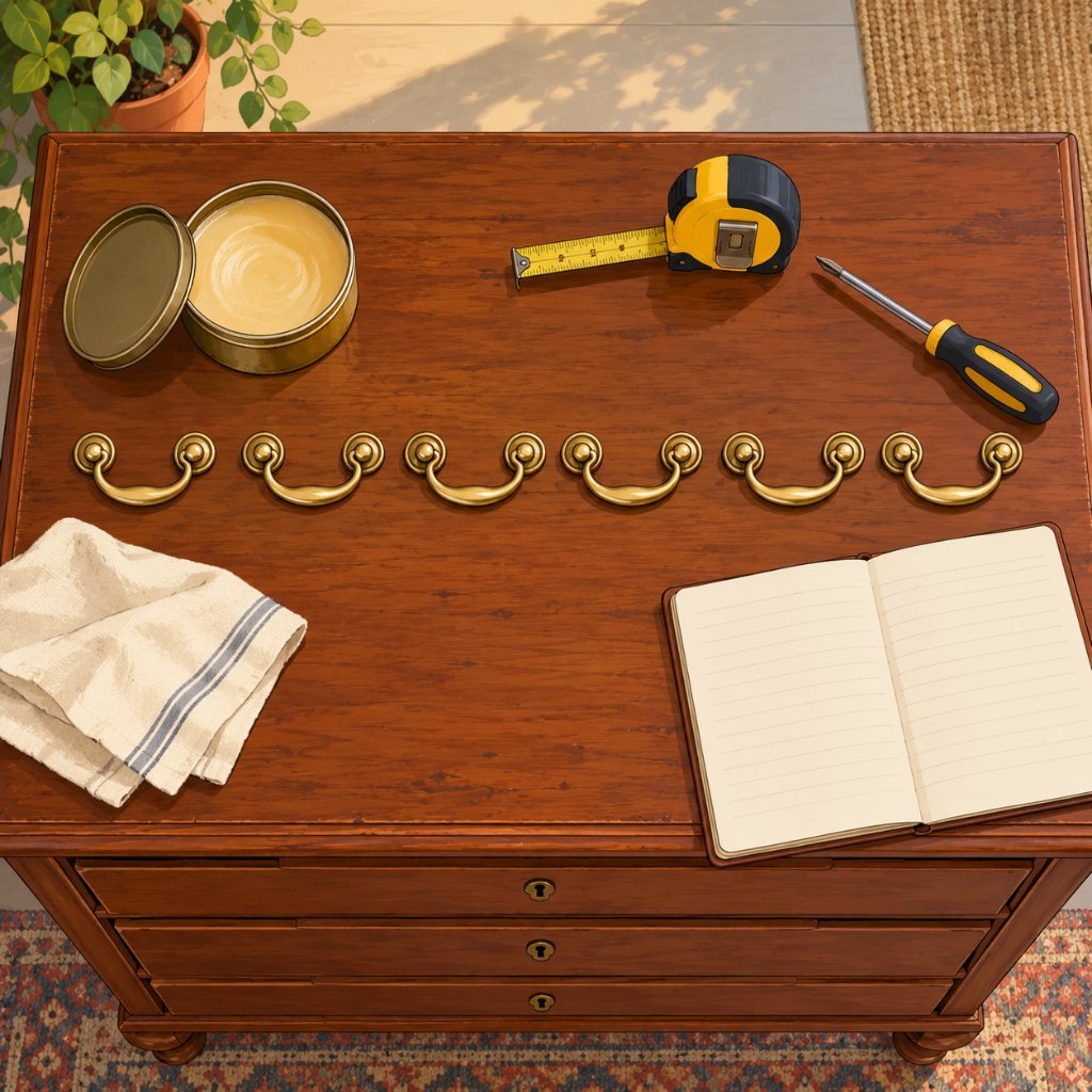 New brass pulls, wax and a notebook on a dresser top for pricing in a furniture flipping business