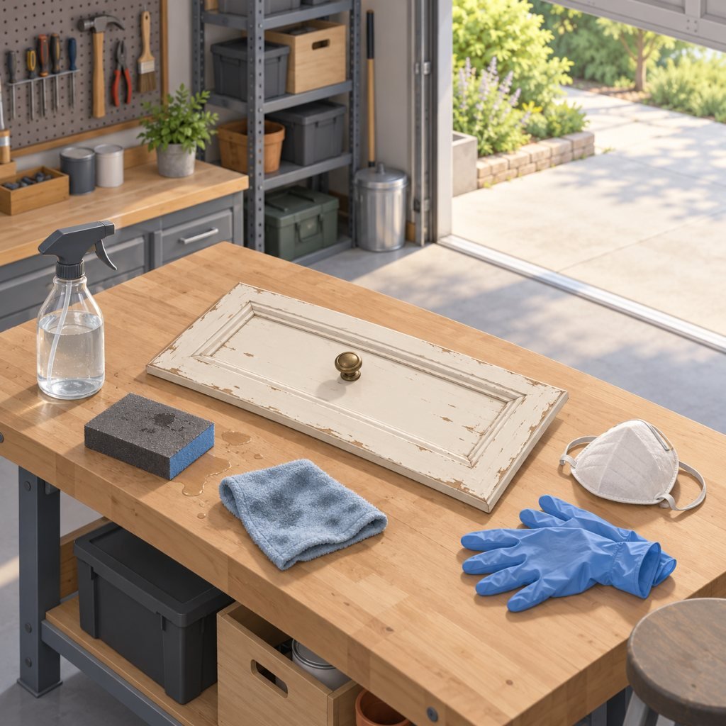Wet-sanding kit with water spray, mask and gloves beside an old painted drawer front in a furniture flipping business
