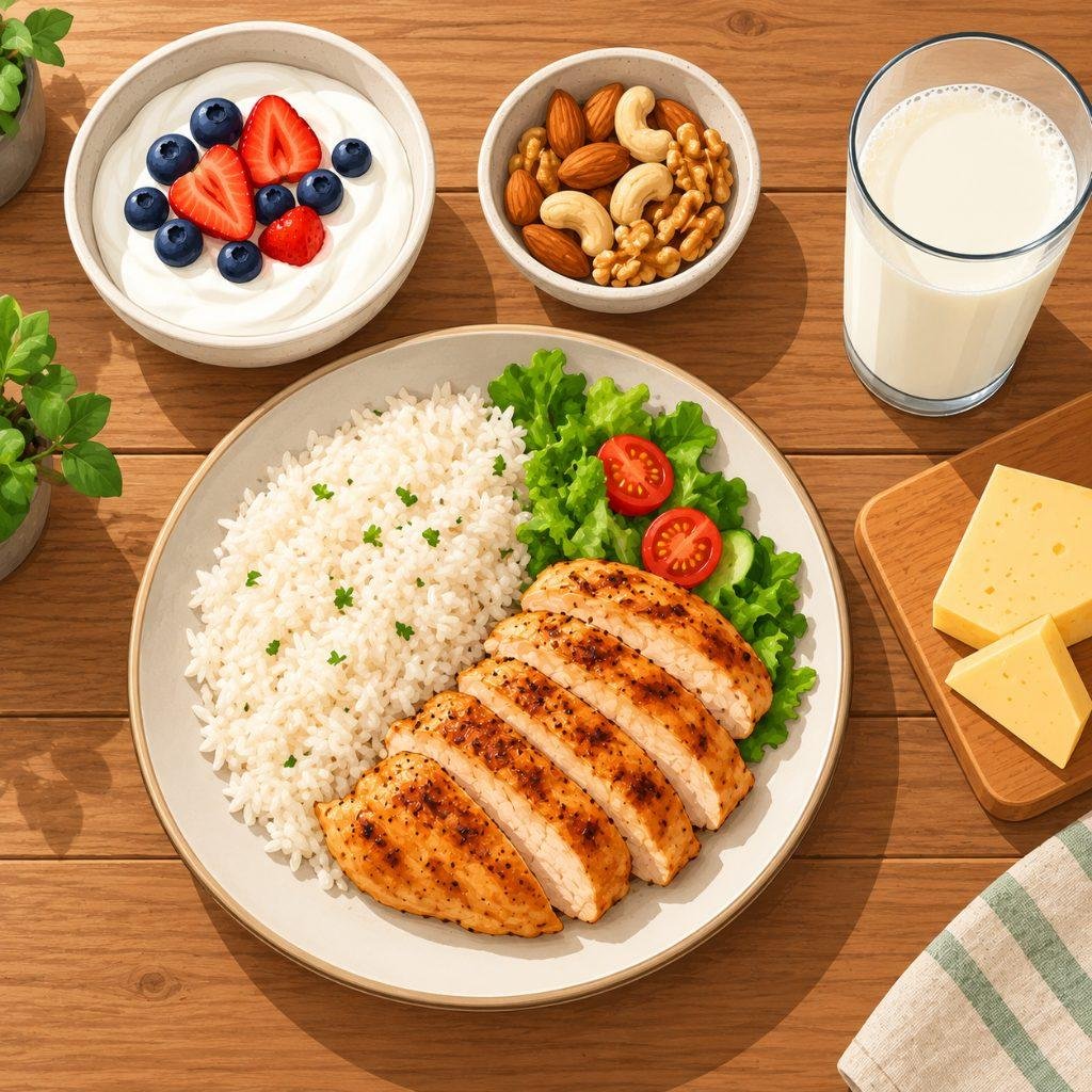 طبق أرز ودجاج وزبادي ومكسرات وحليب قبل التفكير في ماس جينر