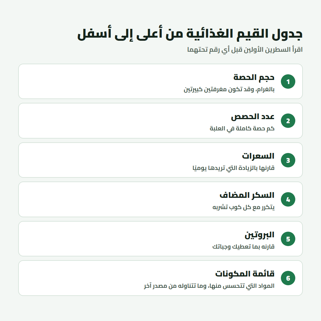 قراءة جدول القيم الغذائية على علبة ماس جينر من أعلى إلى أسفل