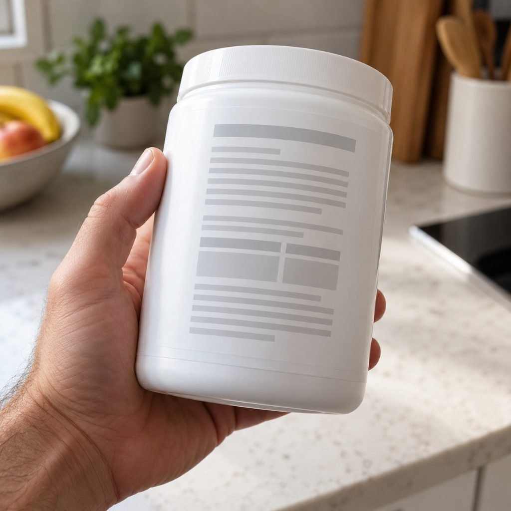 Hand turning a mass gainer tub to read the back panel