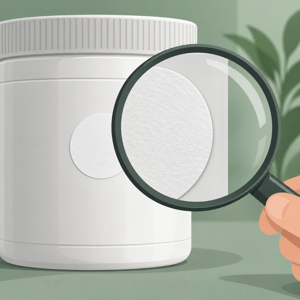 Magnifying glass over a blank certification seal on a mass gainer tub