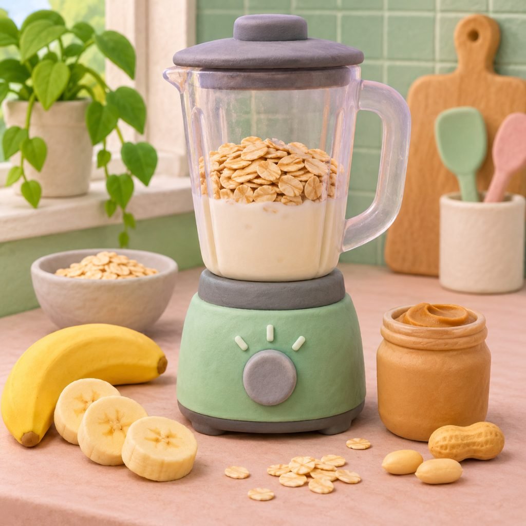 Blender with milk, oats, banana and peanut butter as a home-made mass gainer alternative