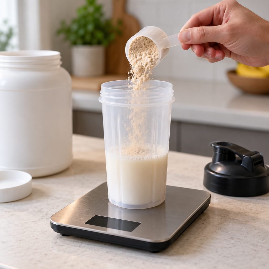 Part scoop of mass gainer powder tipped into a shaker on a kitchen scale