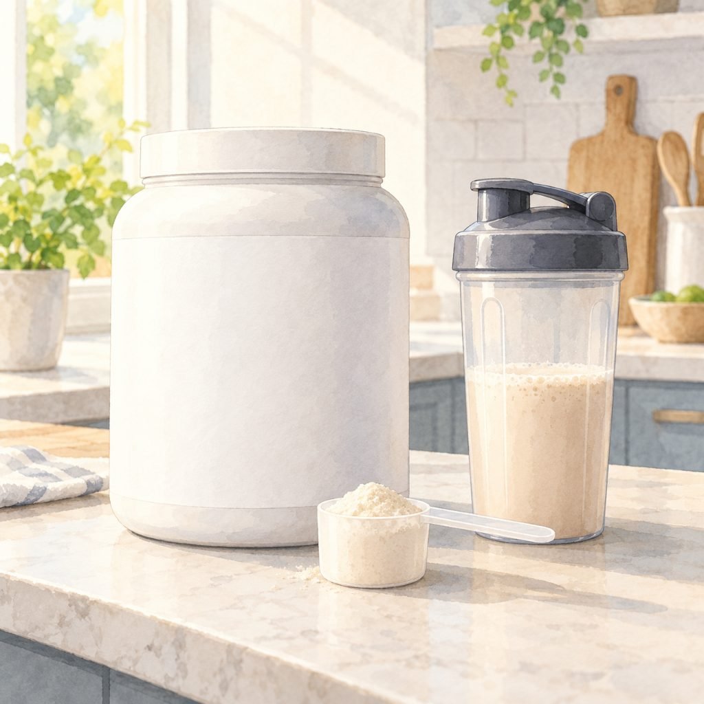 Plain tub, scoop and shaker on a kitchen counter for choosing a mass gainer
