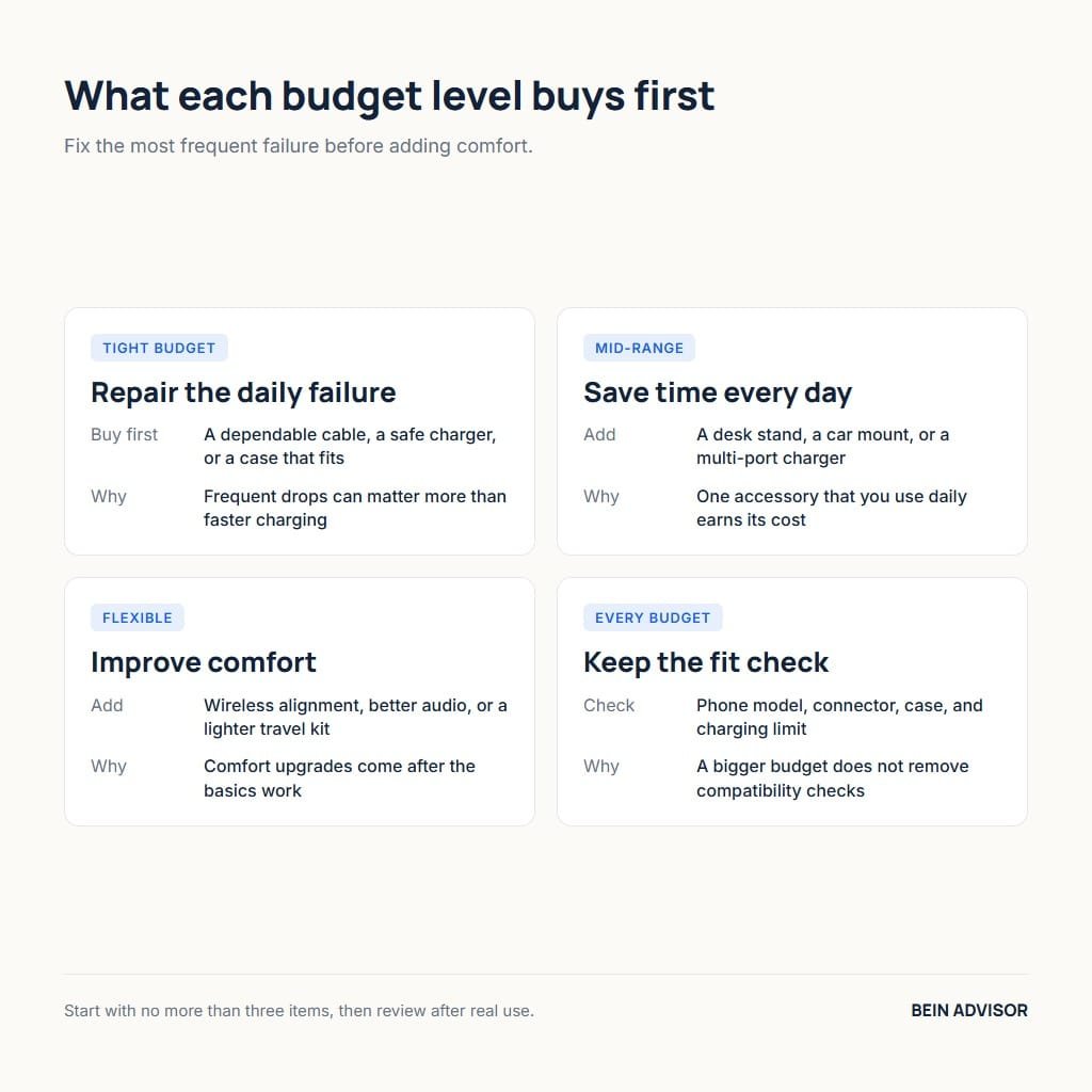 Mobile accessories by budget level: what to buy first on a tight, mid-range, or flexible budget