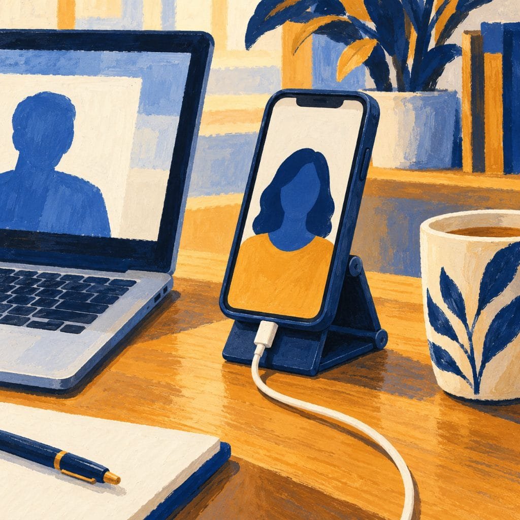 Mobile accessories for work: a phone on a folding stand with its charging port still reachable