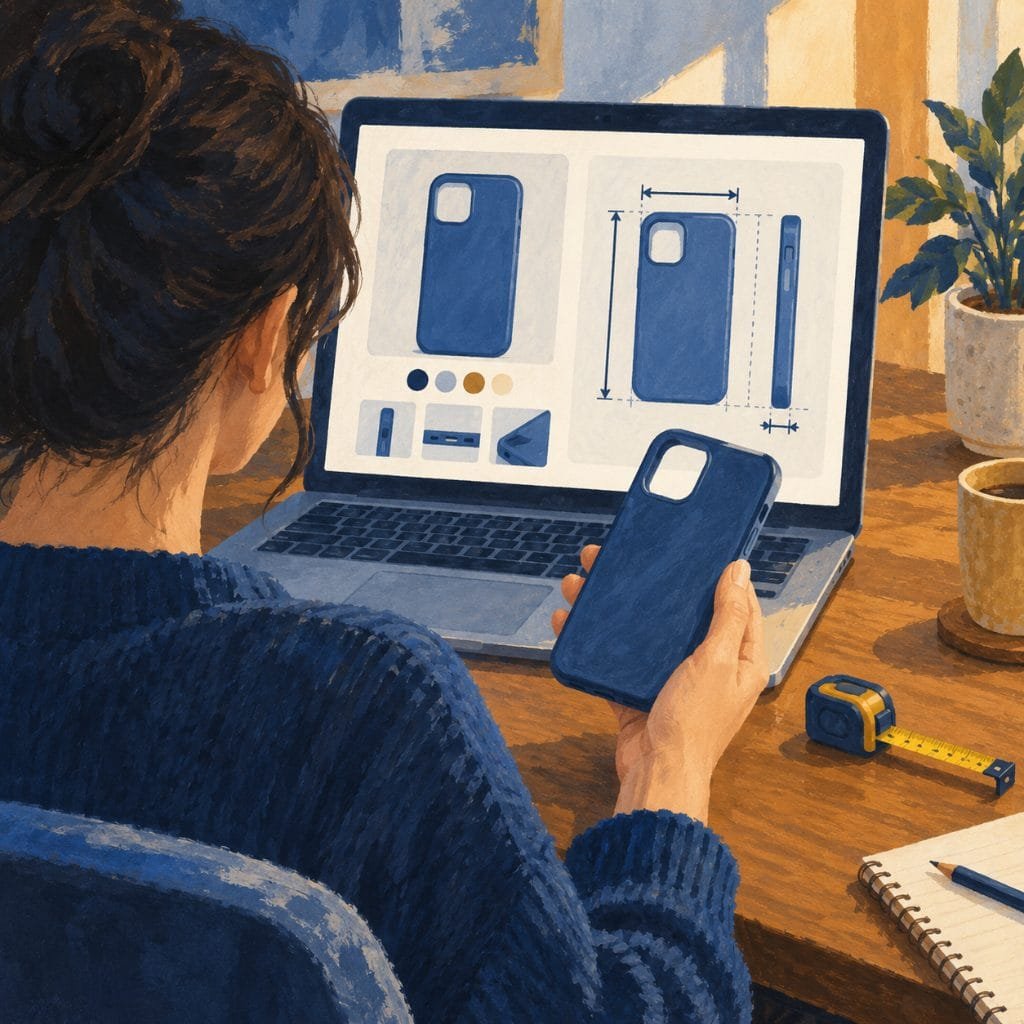Checking mobile accessories listings: comparing a phone case with the dimension diagram on a product page