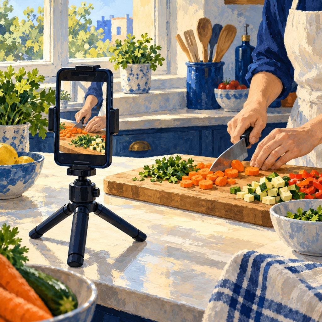 Mobile accessories for filming: a phone on a small tripod recording a recipe