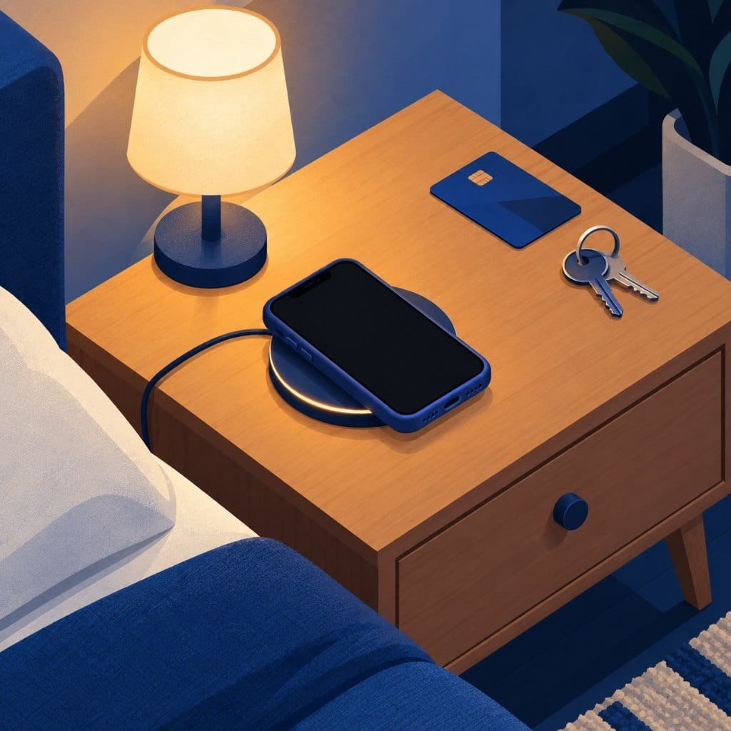 Mobile accessories for wireless charging: a phone on a charging pad with a card and keys set aside