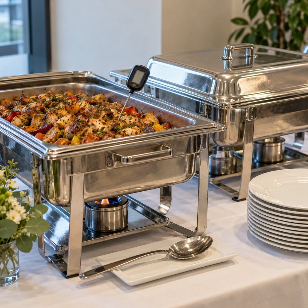 Chafing dishes with a probe thermometer in the food at a buffet run by a small catering business