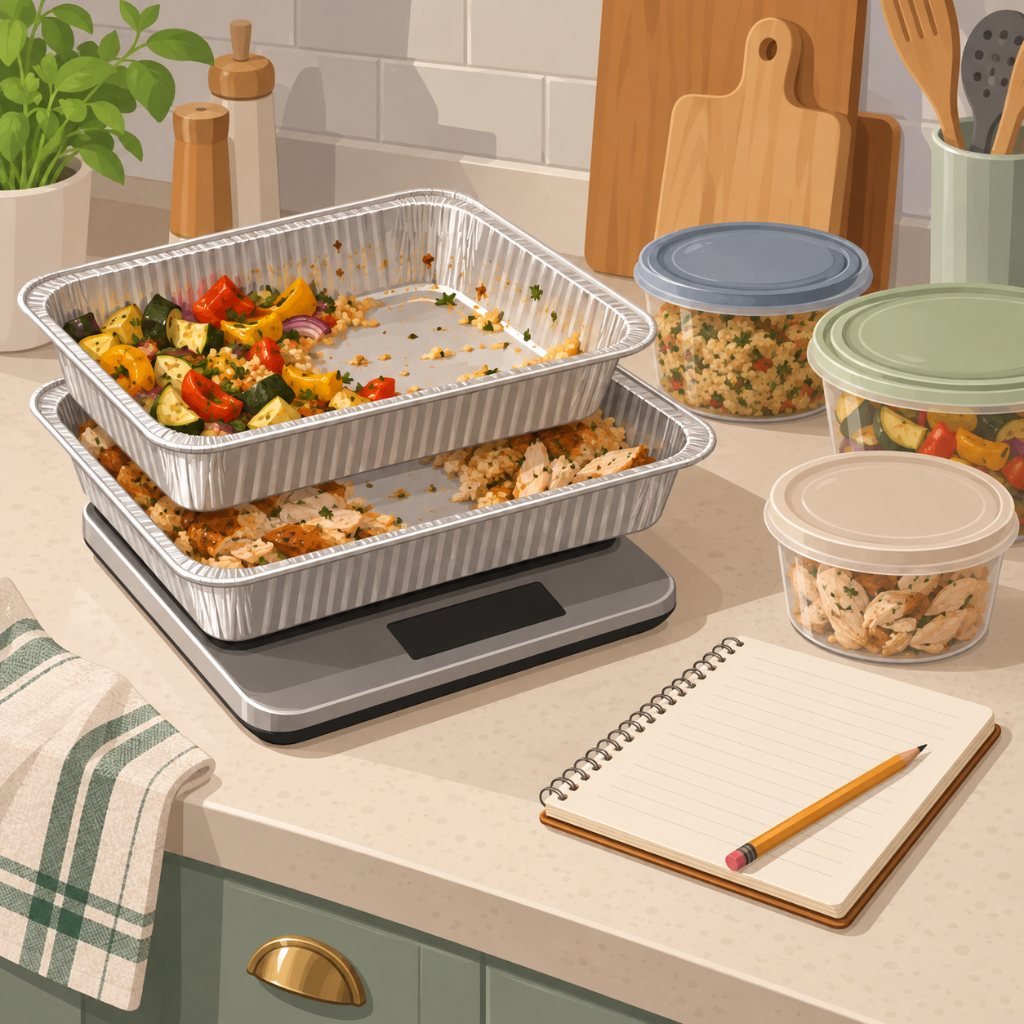 Returned trays weighed on a kitchen scale with notes after an event of a small catering business