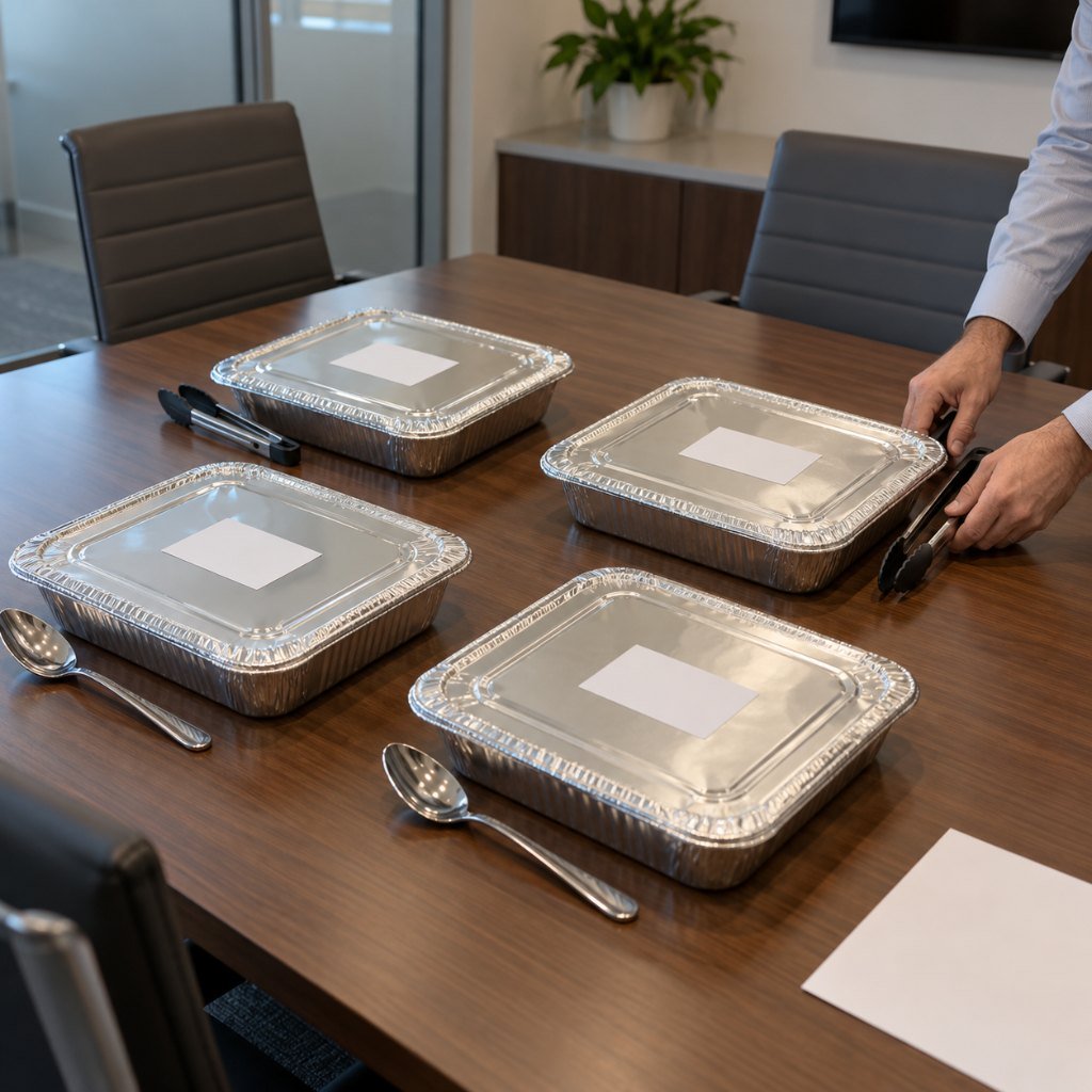Labelled catering trays with one serving tool each on an office table from a small catering business