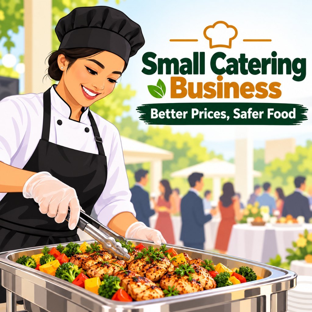 Illustrated cook serving from a chafing dish at an outdoor event run by a small catering business
