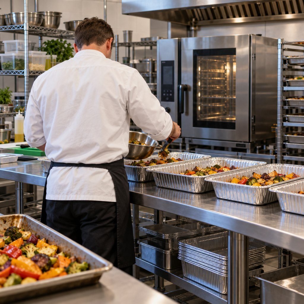Cook portioning roasted vegetables into pans in a shared kitchen for a small catering business
