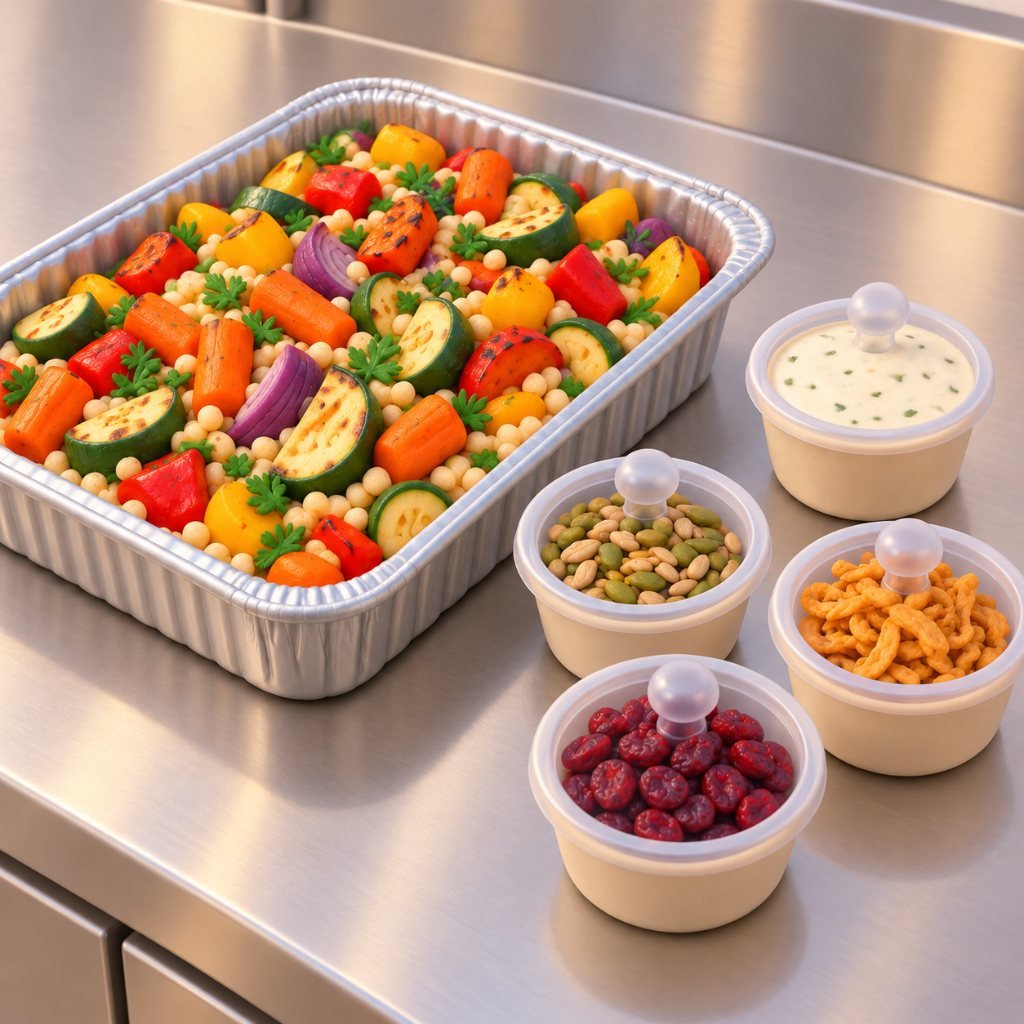Grain salad tray with dressing and toppings in separate pots for a small catering business