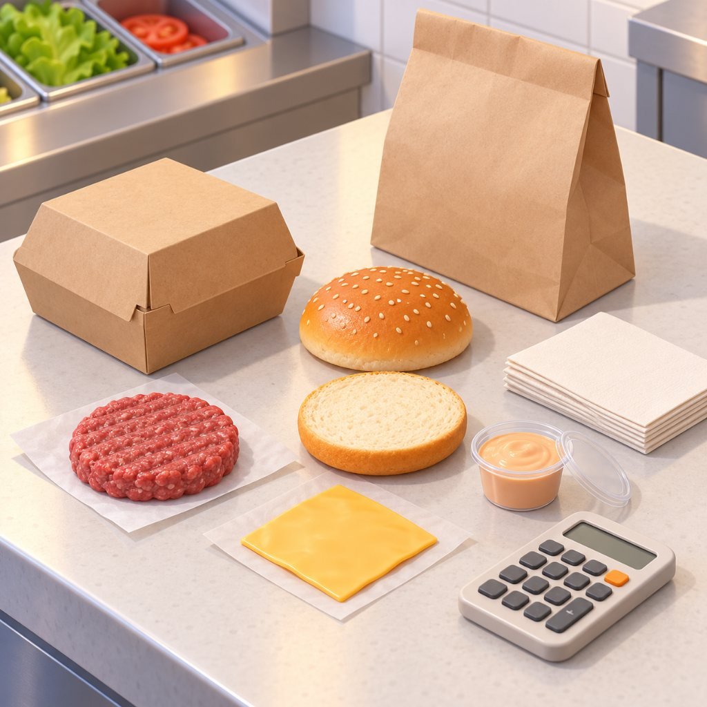 Parts of one burger order laid out to cost a smash burger business menu