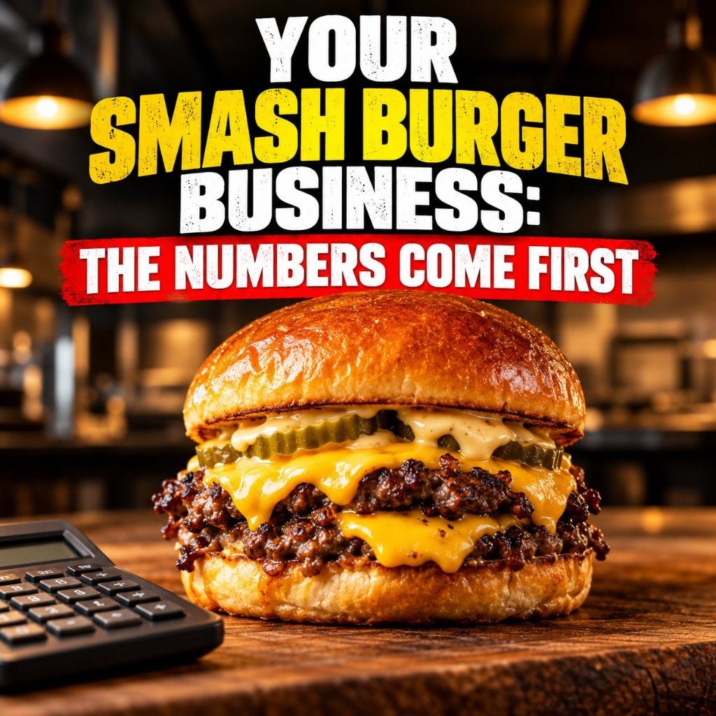 Double smash burger with melted cheese beside a calculator for a smash burger business