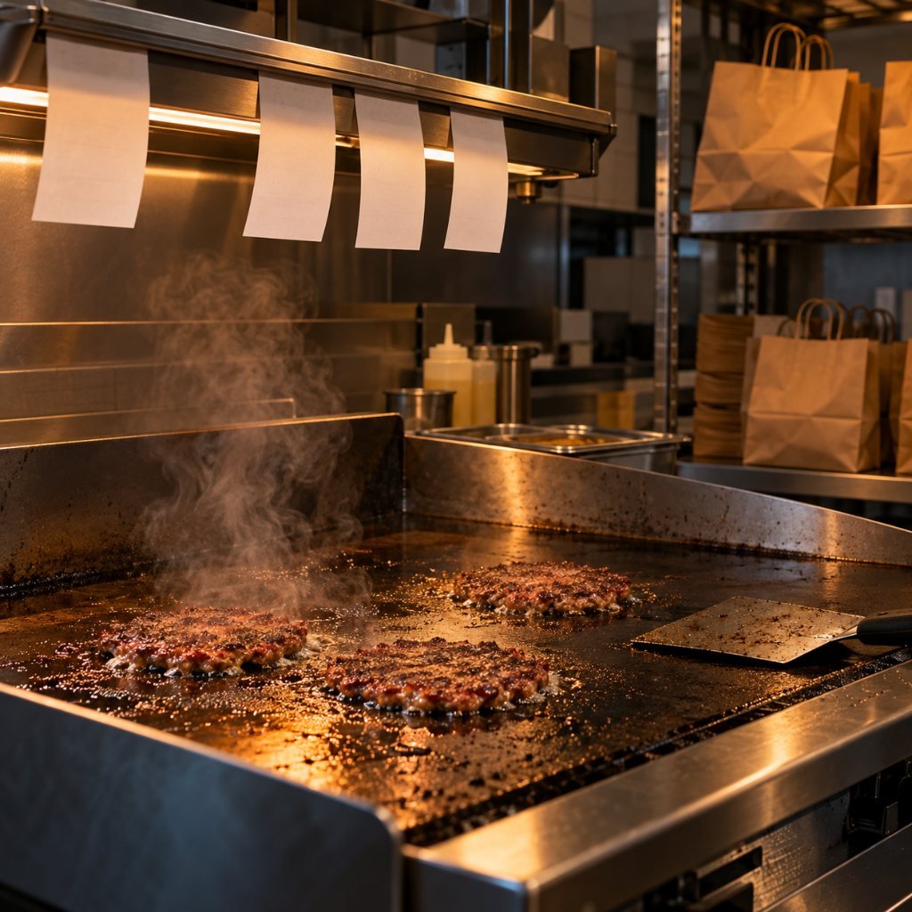 Smash patties cooking on a flat-top griddle in a smash burger business delivery kitchen
