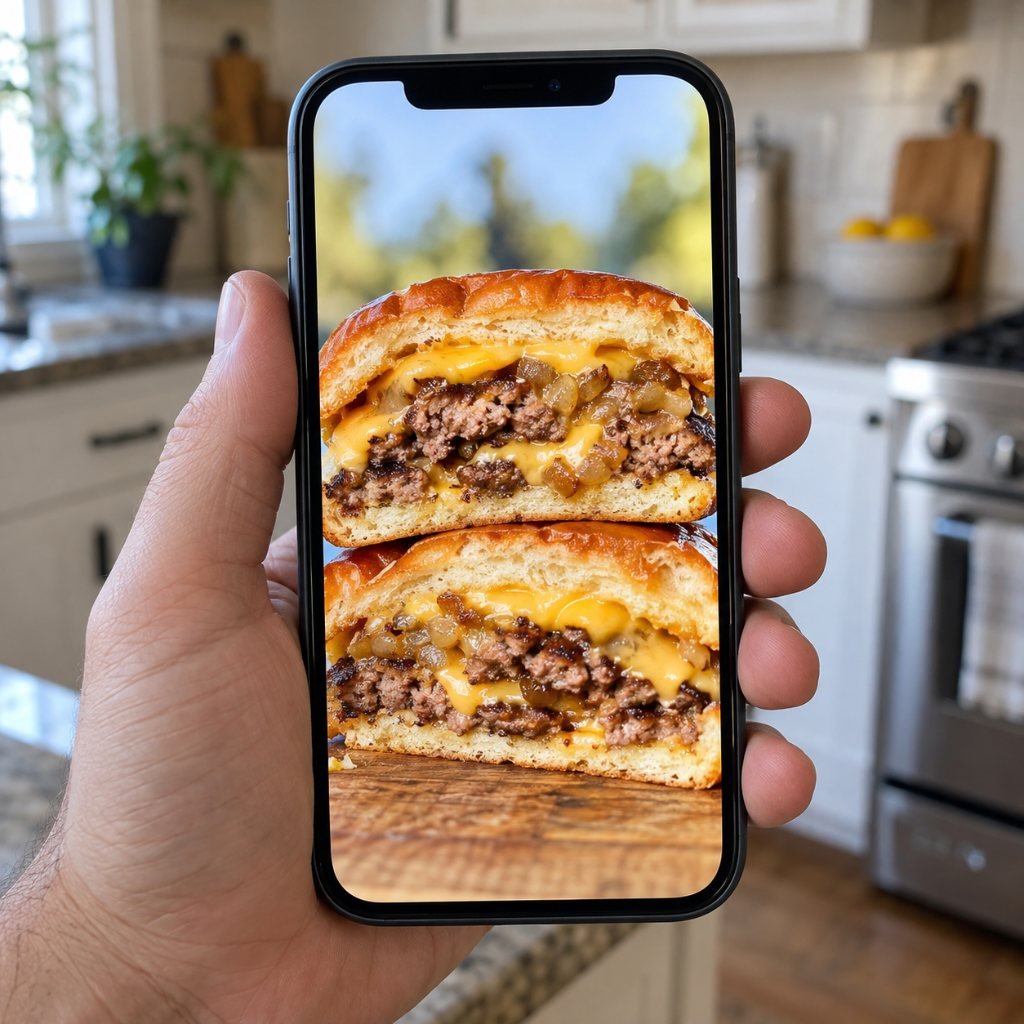Phone showing a cut burger photo for a smash burger business app listing