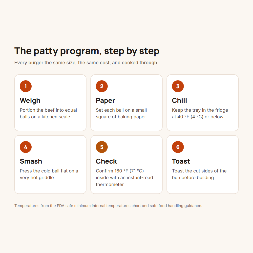 Six patty program steps from weighing to toasting in a smash burger business
