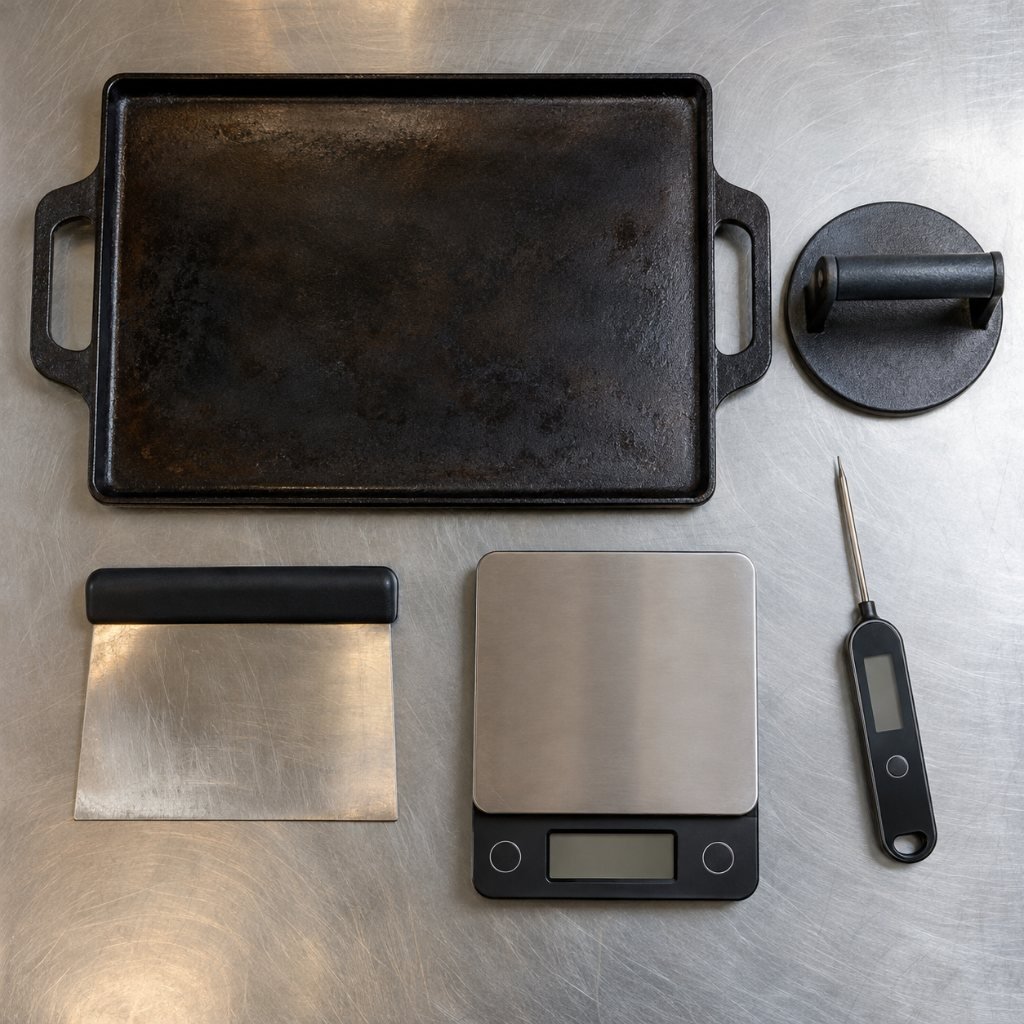 Griddle, press, scraper, scale and thermometer for a smash burger business