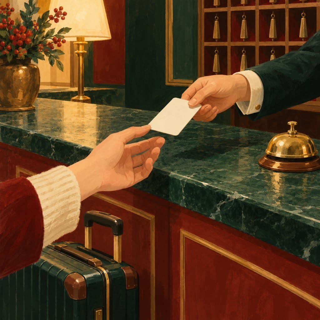 Day-one benefits of travel loyalty programs: a key card handed over a hotel desk