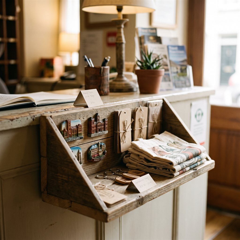Handmade souvenir business display beside a visitor counter