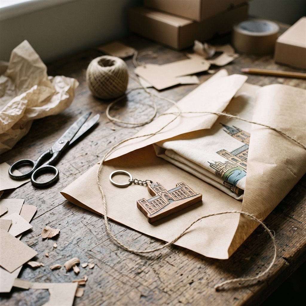 Handmade souvenir business packaging with a landmark keyring